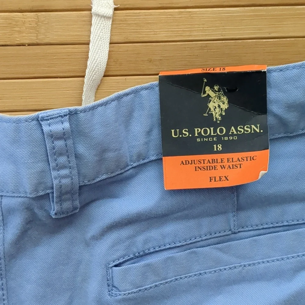 US Polo Assn Boys Light Blue Flex Cotton Cargo Shorts, Size 18, NEW, nwt